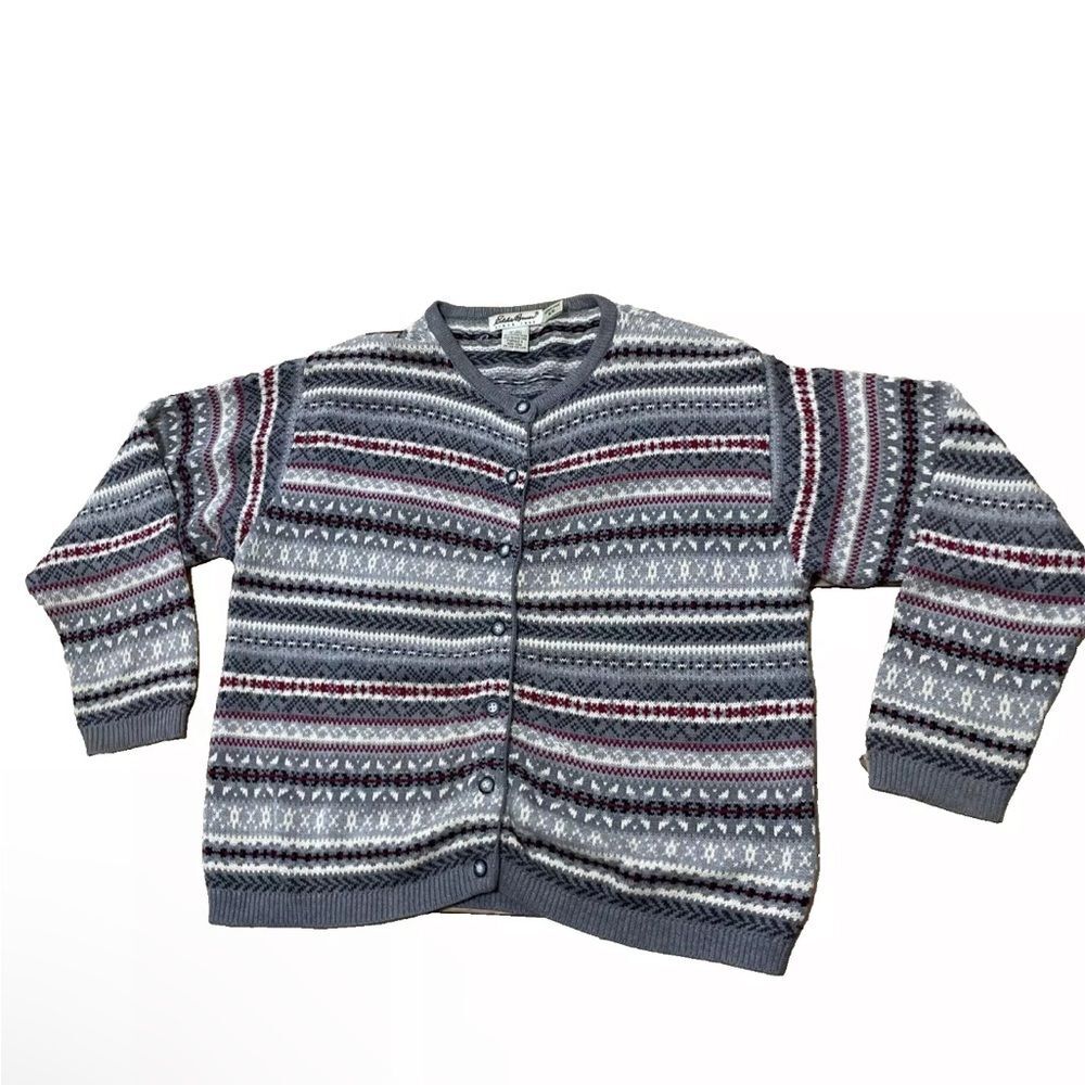 EDDIE BAUER VTG Sweater Womens M Gray Nordic FairIsle Cardigan 90s Knit Button M